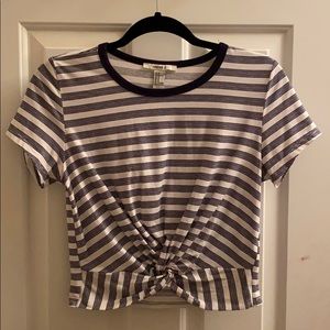 navy blue and white striped front knot top